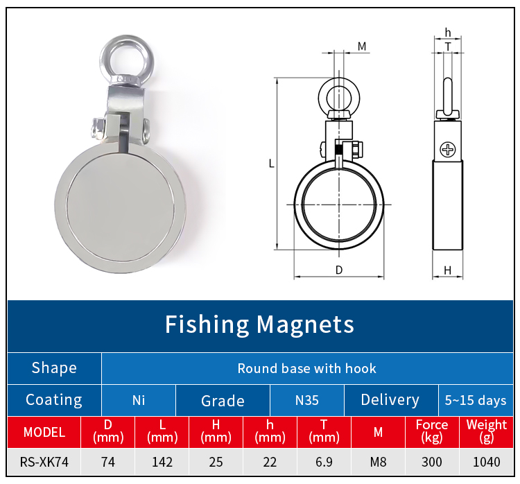 Cường độ cao Lực kéo 300kg Đường kính 74mm Nam châm câu cá Neodymium SST Eyebolt hai mặt